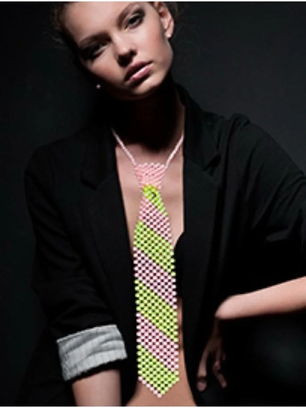 Beaded Neon Green & Pink Statement Tie Necklace - Picture 1 of 2